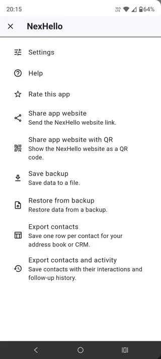 App menu showing Save backup, Restore from backup and CSV export actions.