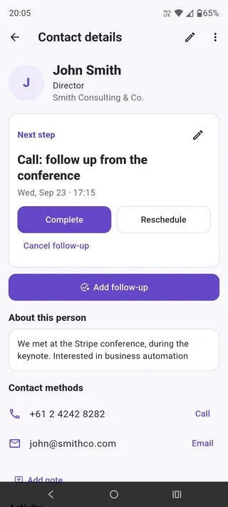 Contact details with a scheduled follow-up and notes about the conversation.